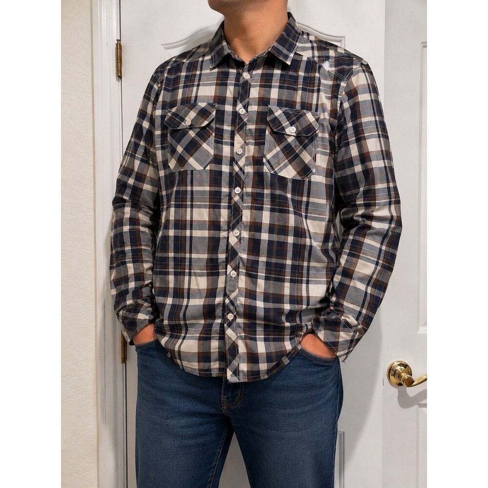Reclaim Relaxed Fit Men's Large Plaid Button Front Shirt Blue Gray Brown Cotton